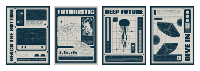 Poster design template in trendy y2k style with abstract geometric grid 3d shape and bitmap jellyfish picture. Banners in 2000s aesthetic. Retro minimalistic composition layout with wireframe figure.