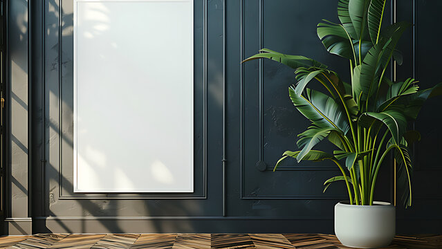 Bright blank white poster with space for your text on black wall background in total dark room with green plants on wooden floor.