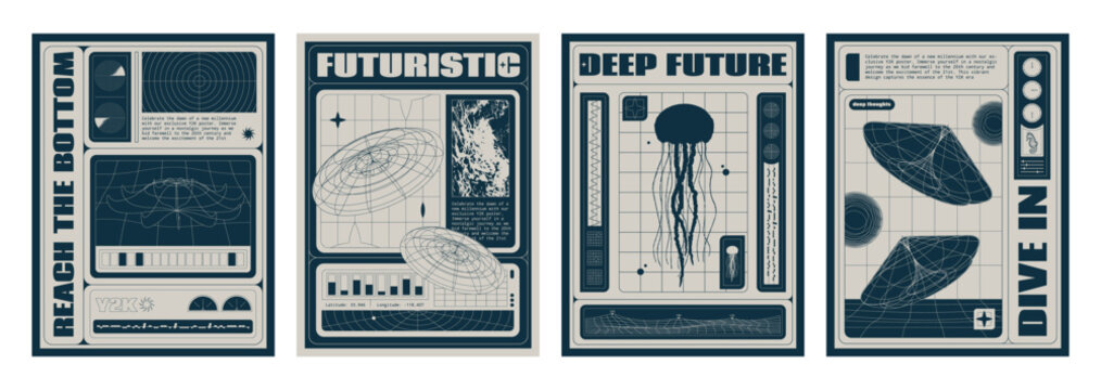 Poster design template in trendy y2k style with abstract geometric grid 3d shape and bitmap jellyfish picture. Banners in 2000s aesthetic. Retro minimalistic composition layout with wireframe figure.