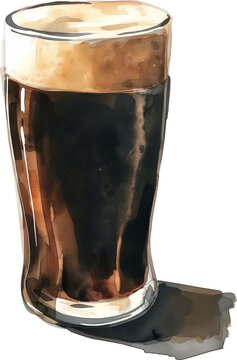 Watercolor of dark beer mug with foam isolated.