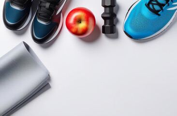 Workout routine. Fitness layout with sneakers, dumbbells, fresh apple. Clean white background. Illustrating a healthy lifestyle, fit inspiration, and motivational content for wellness themed posts