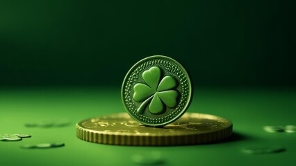 A green coin with a clover stands on the edge on top of a gold coin.