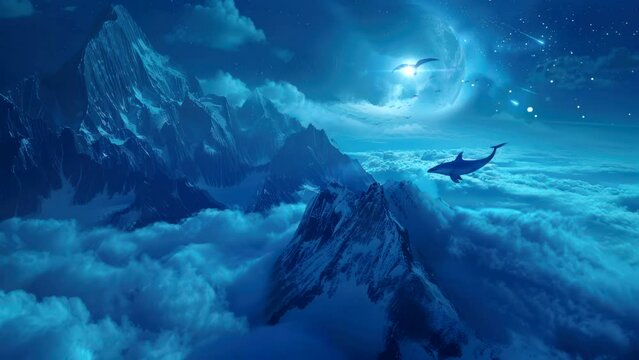 a dolphin floating in the sky with a beautiful view. Seamless looping time-lapse virtual 4k video animation background