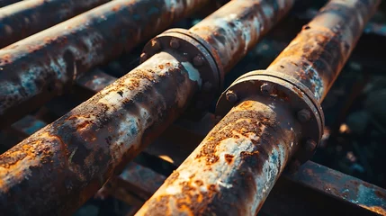 Foto op Aluminium An aerial close-up of the rusting pipes of an old abandoned factory on a sunny day. : Generative AI © Generative AI