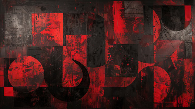 A painting where red and black are juxtaposed in a series of abstract patterns, suggesting a narrative of conflict and harmony.