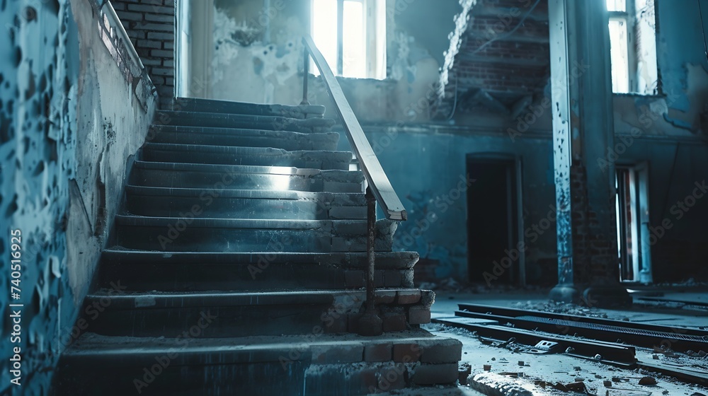 Aufkleber old staircase in an abandoned factory and tracks : generative ai