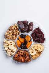 Dried fruits and nuts on a plate to celebrate the Jewish holiday Tu Bi Shvat.