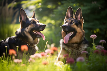 Joyful Encounter Of Majestic German Shepherds In A Serene, Green Landscape