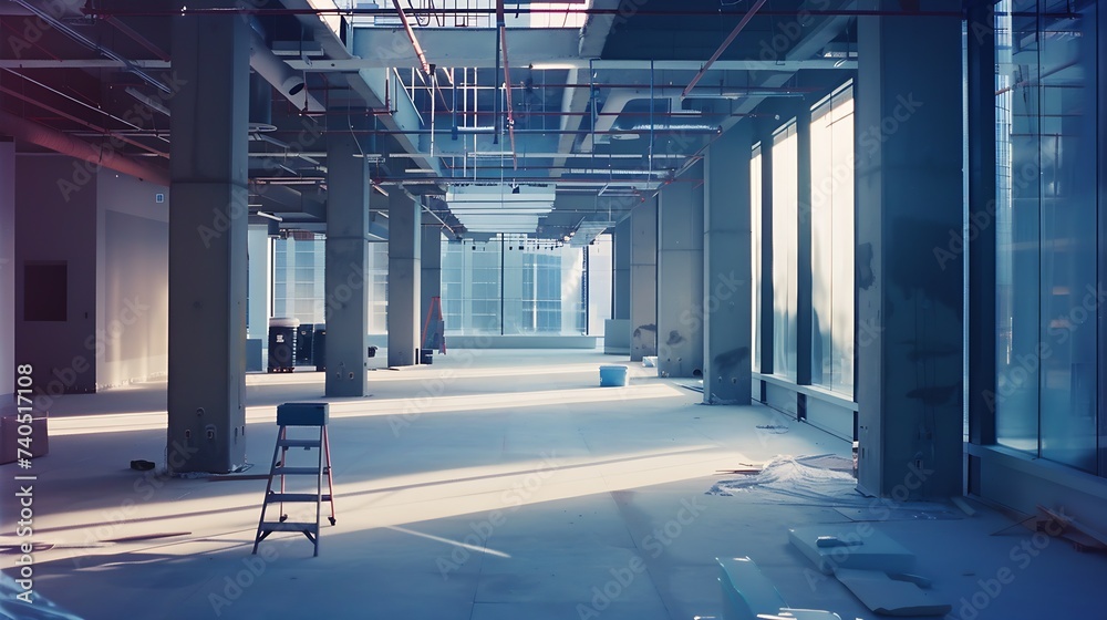 Poster an under construction office building interior. a huge hall with panoramic windows being constructed