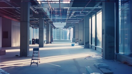 An under construction office building interior. A huge hall with panoramic windows being constructed. : Generative AI