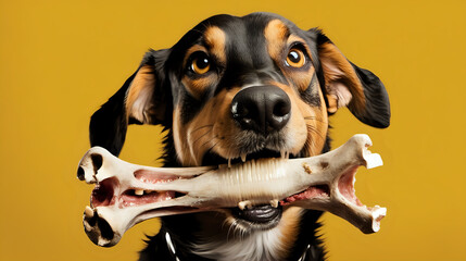 Dog holds a bone in its mouth on a yellow background. - obrazy, fototapety, plakaty