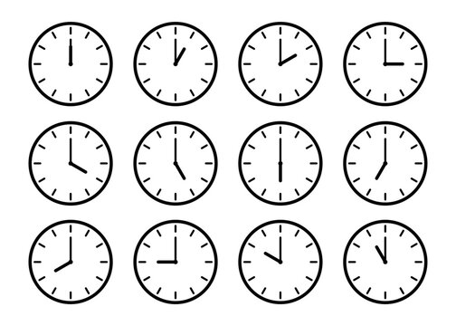 Clocks hands icon. Time sign for every hour. Stopwatch, clock faces set. Evening, morning and noon time. Simple hour icons. Vector illustration isolated on white background.