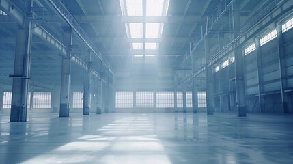 empty steel structure building, abandoned factory workshop or warehouse background : Generative AI - obrazy, fototapety, plakaty