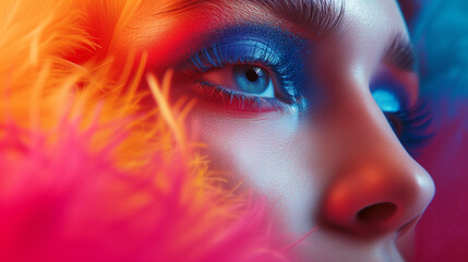 A vibrant makeup palette with fuzzy, saturated colors for eye shadows and blushers, set against a stark, contrasting backdrop.