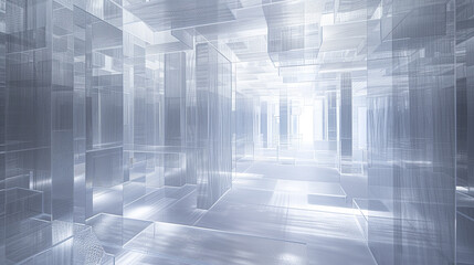 A three-dimensional maze of transparent geometrics, inviting exploration through light and reflections.