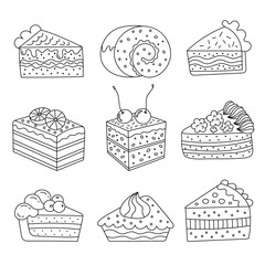 A set of sketches of cakes, food, cheesecakes. Collection of sweet dishes, desserts. Cake slices outline isolated from background. - 740517392
