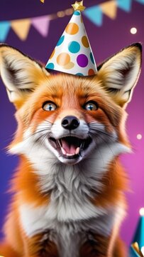 Cheerful fox in a festive cap on a blurred festive background, for Birthday, celebration