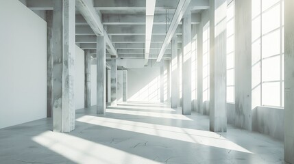 Empty industrial building with concrete floors, awaiting new coverage with large windows and white technical ceiling : Generative AI