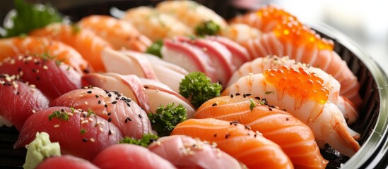 A close up of a beautifully arranged plate of sushi, featuring fresh fish slices, seafood, and fine herbs as garnish. The perfect dish for seafood cuisine enthusiasts