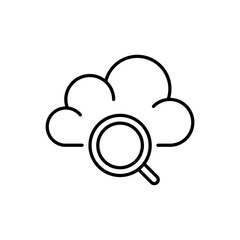Cloud service research icon vector illustration. Cloud with search magnifier on isolated background. Cloud with loupe sign concept.