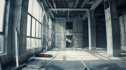 Unfinished interior of business center under construction in grey colours : Generative AI