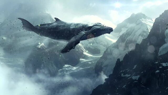whale flying over snowy mountains. Seamless looping time-lapse virtual 4k video animation background