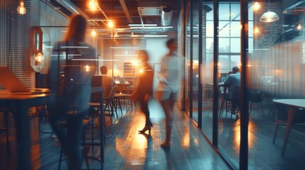 Employees in a contemporary office space. In a modern office setting with dynamic motion blur, business professionals collaborate in a shared workspace