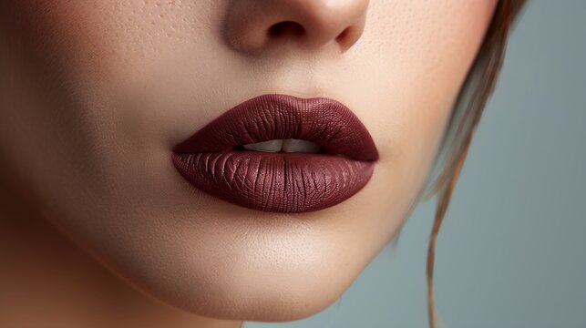 Perfect woman face portrait lips with fashion natural beige matte lipstick makeup Beauty brunette sexy model girl with beautiful skin close up Manicure beautiful nails : Generative AI