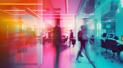 Employees in a contemporary colorful office space. In a modern office setting with dynamic motion blur, business professionals collaborate in a shared workspace