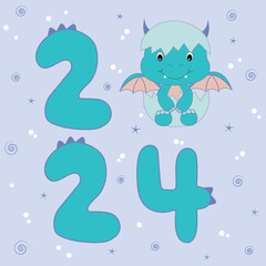 New Year's card card with a turquoise dragon hatched from an egg.Vector illustration.EPS 10
