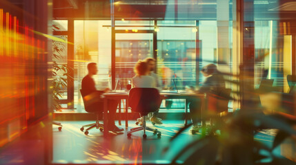 Employees in a contemporary colorful office space. In a modern office setting with dynamic motion blur, business professionals collaborate in a shared workspace