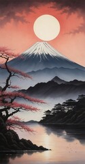 High detail japanese scenery mount and sakura tree