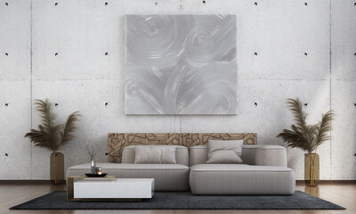 The modern interior design concept of living room and white abstact art on concrete pattern wall...