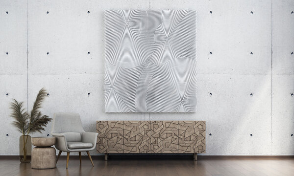 The modern minimal interior design concept of living room and white abstact art on concrete pattern wall background. 3d rendering.