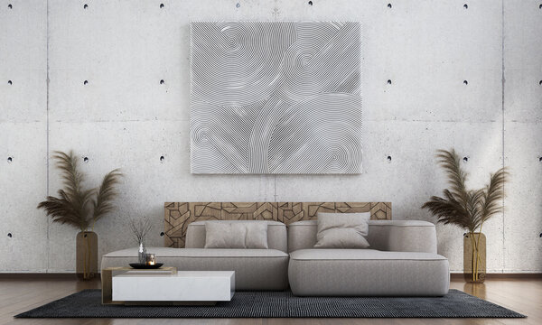 The modern interior design concept of living room and white abstact art on concrete pattern wall background. 3d rendering.