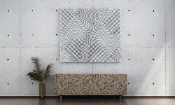 The interior design concept of living room and white abstact art on concrete pattern wall background. 3d rendering.