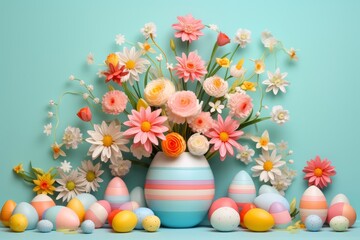 Obraz na płótnie Canvas Illustration vibrant Easter decorations, including dyed eggs, ribbons, and flowers, arranged in a whimsical display, against a bright pastel background, perfect for festive Easter-themed projects