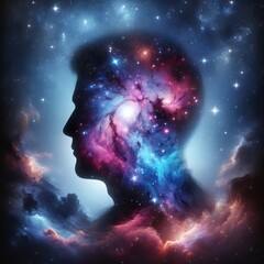 A contemplative human profile emerges from a vibrant cosmic nebula, evoking themes of cosmic imagination and introspection.
