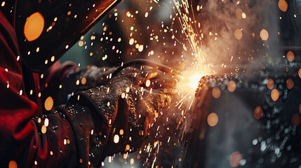 Metal worker at the work, a loyt of sparkle around him - obrazy, fototapety, plakaty