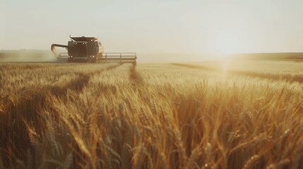 Harvester machine to harvest wheat field working Combine harvester agriculture machine harvesting golden ripe wheat field Agriculture : Generative AI - obrazy, fototapety, plakaty