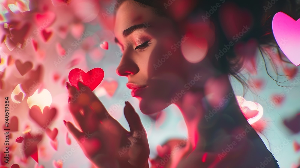 Wall mural beauty woman with perfect make up blowing valentine hearts valentines day beautiful fashion sexy gir