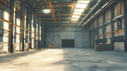 Warehouse interior blurred. Empty warehouse without anyone. Old warehouse interior without shelving. Spacious hangar with metal roof. Storage room with forklift. Rental industrial prem : Generative AI - Powered by Adobe