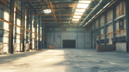 Warehouse interior blurred. Empty warehouse without anyone. Old warehouse interior without shelving. Spacious hangar with metal roof. Storage room with forklift. Rental industrial prem : Generative AI - obrazy, fototapety, plakaty