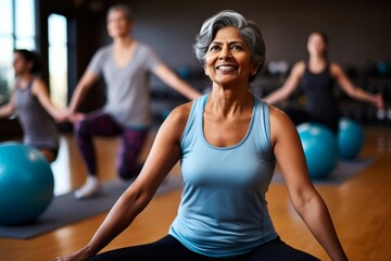 Fototapeta na wymiar Photo of 55-year-old Indian woman gracefully practicing Pilates on a mat, surrounded by calming music and supportive classmates