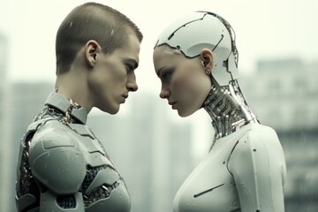 Diverse robots, humanoids, and artificial intelligence interacting in a forward-looking society