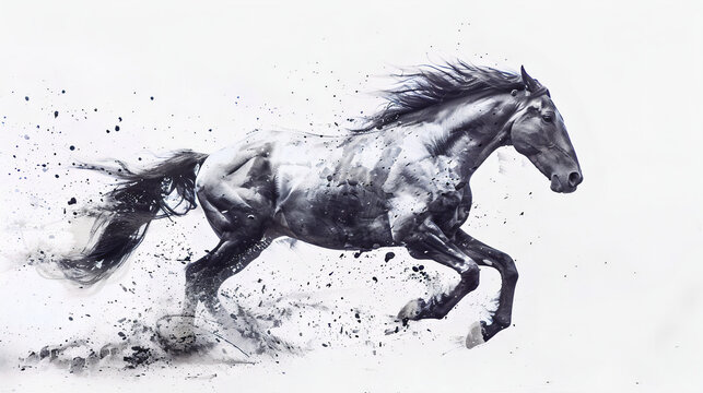 black and white horse run on white background