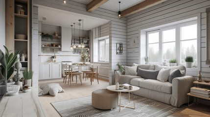 Fototapeta premium This Scandinavian cottage is the epitome of coziness with its inviting gray and white color scheme and warm wooden accents.