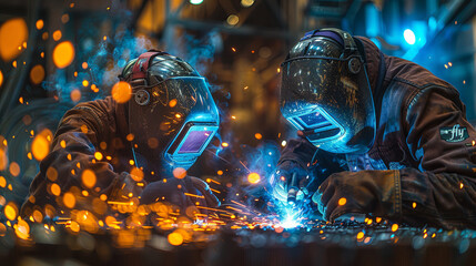 Metal worker at the work, a loyt of sparkle around him