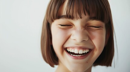 Positive human emotions Headshot of happy emotional teenage girl with bob haircut laughing from the bottom of her heart keeping eyes closed showing perfect white teeth while having fun : Generative AI