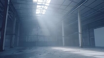 empty steel structure building, abandoned factory workshop or warehouse background : Generative AI